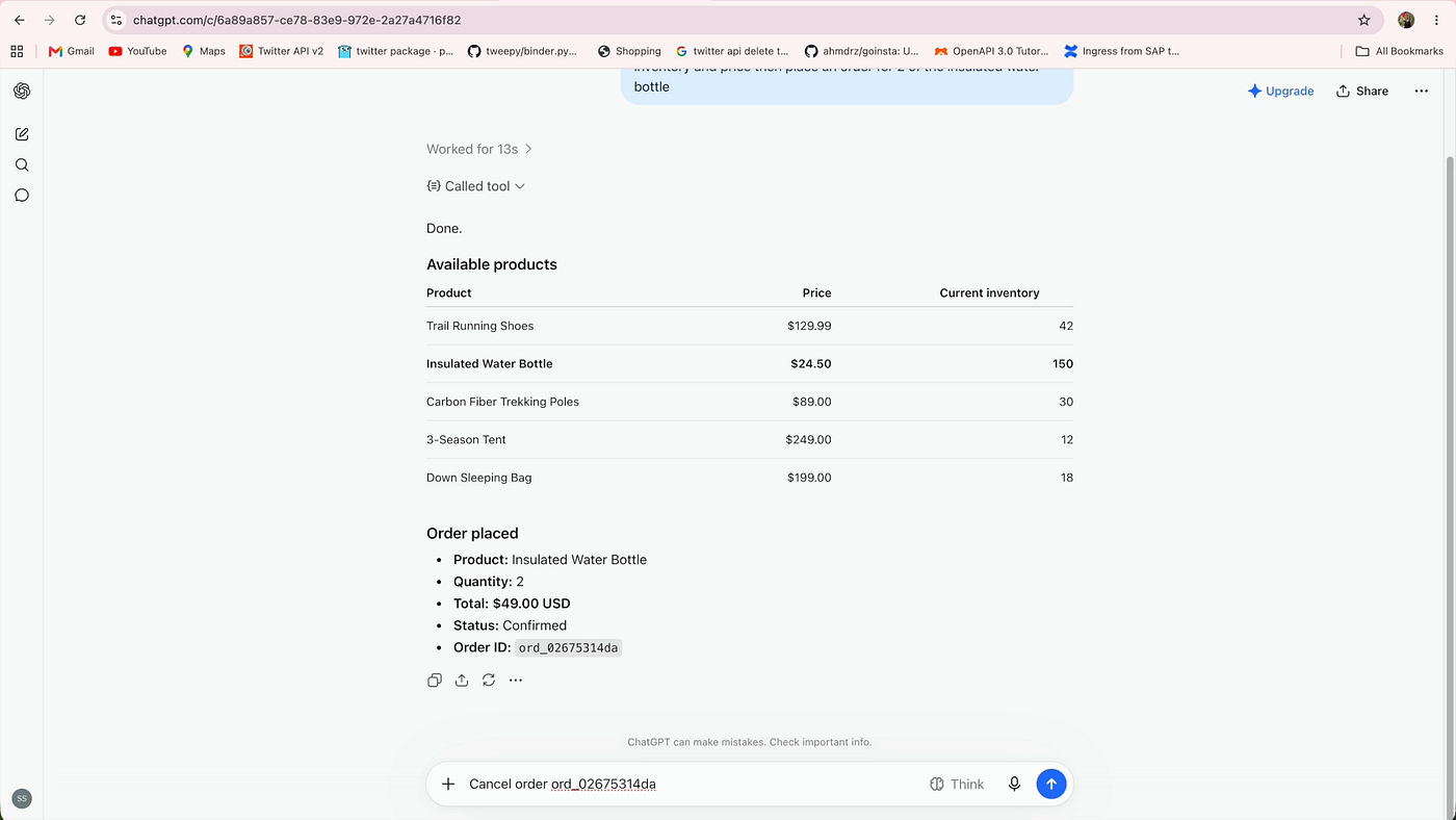 ChatGPT conversation showing the product list, a confirmed order for the Insulated Water Bottle, and a cancel order message queued up next