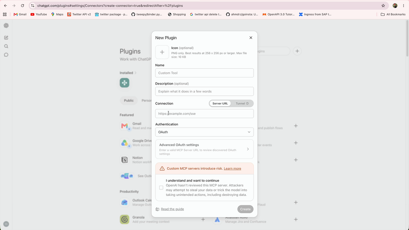 ChatGPT New Plugin dialog with Name, Connection (server URL), and Authentication fields