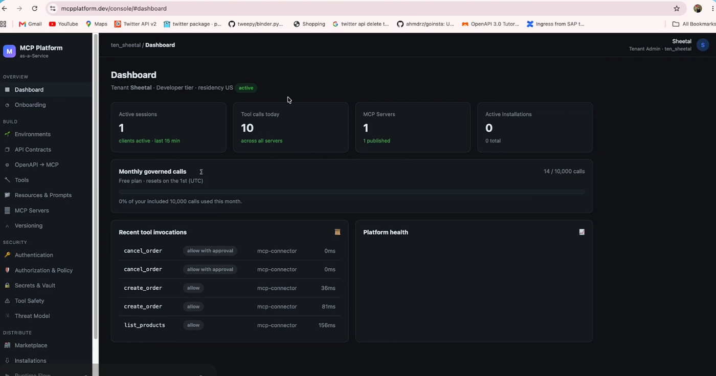 MCP Platform dashboard showing active sessions, tool calls today, and recent tool invocations including cancel_order, create_order, and list_products