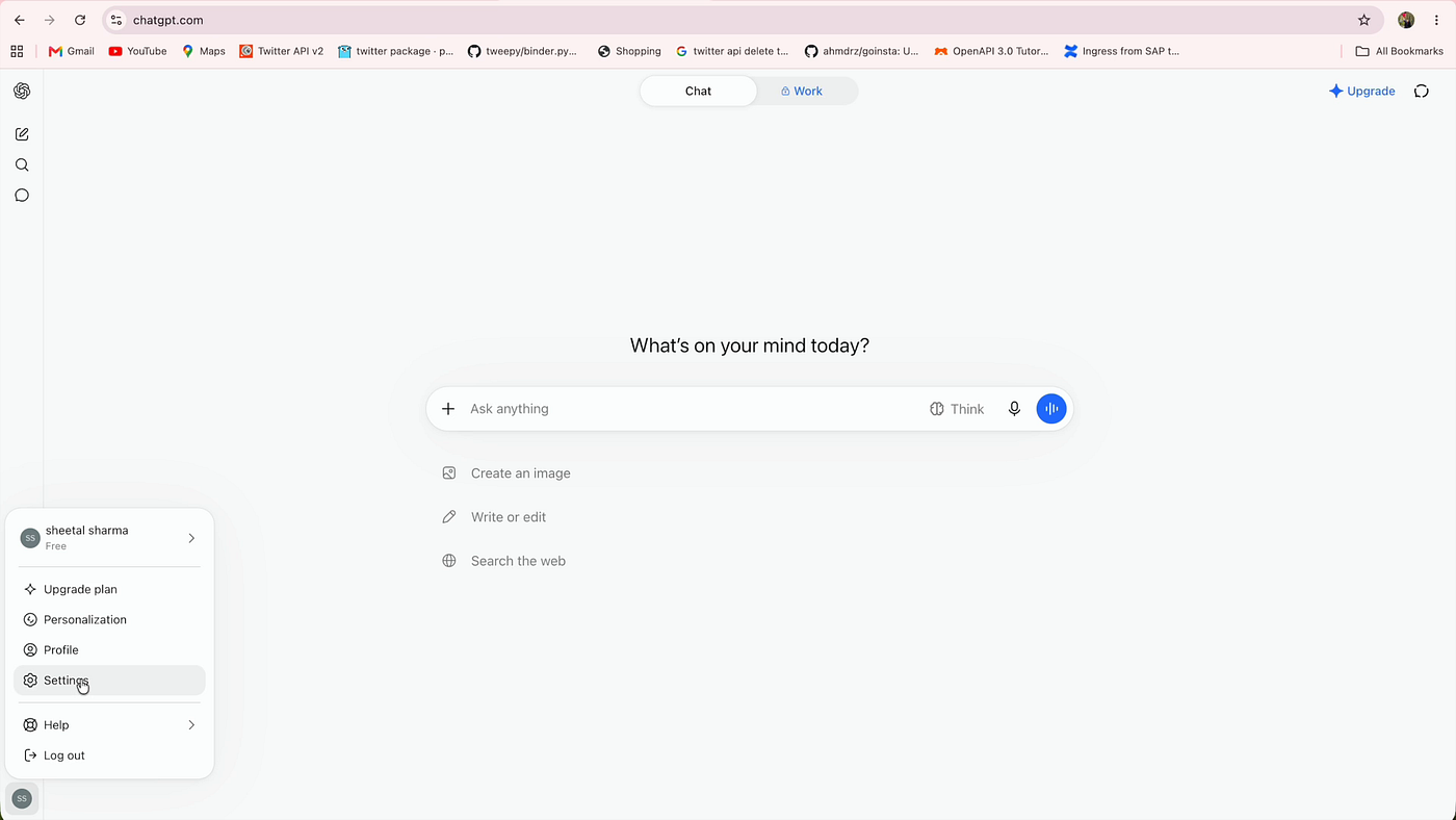 ChatGPT account menu with Settings highlighted